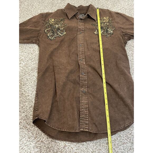 Affliction Gold Lion Brown Long Sleeve Button Up Graphic Print Men's Size M - Picture 11 of 11